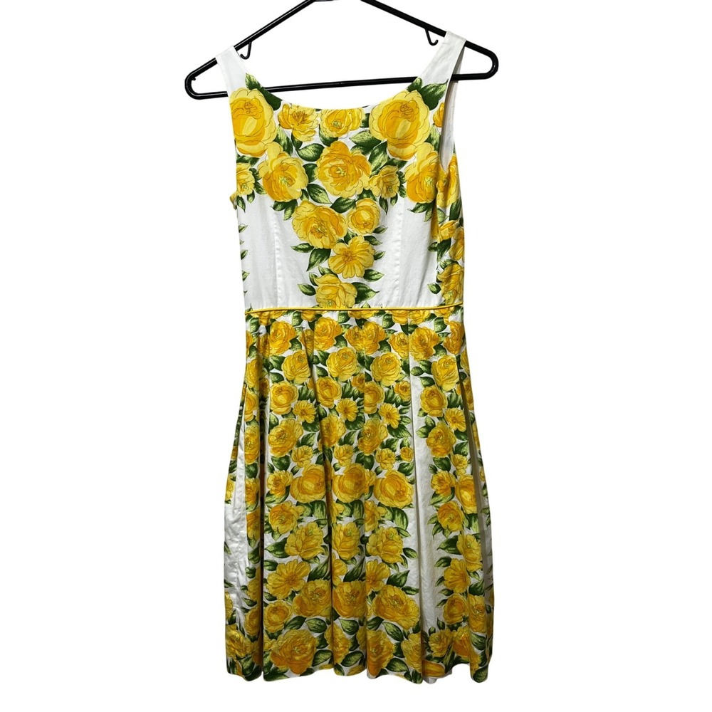 Ann Taylor LOFT Petites Yellow Floral Rose Fit Flare Dress Cotton 2P 126812 - Picture 2 of 9